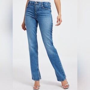 GOOD AMERICAN Good Curves Straight Blue Button Fly Split Hem Jeans
